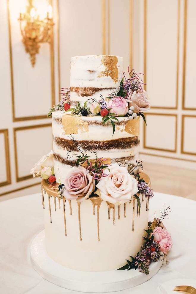 Elegant multi-tier wedding cake with floral decorations